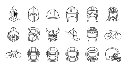 Collection of diverse helmet line icons, showcasing historical armor, modern protective gear, and sports equipment, presented as clean outline signs for versatile graphic and web design applications