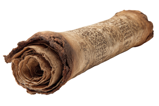 Aged scroll, tightly rolled, with visible text and signs of wear