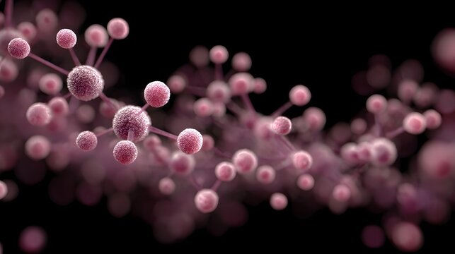 A vibrant interconnected network of pink molecules and particles against a dark background