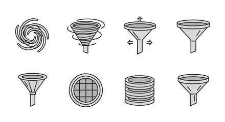 Collection of eight stylized line art icons representing filters, funnels, and vortex phenomena, suitable for graphic design, web development, app interfaces, and advertising materials, presented in