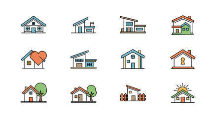 Collection of twelve modern and traditional house icons, rendered in a clean, flat vector style with vibrant colors and simple outlines, perfect for real estate, architecture, or home-related