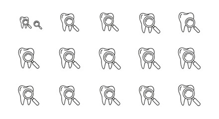 A collection of line art icons depicting a tooth being examined by a magnifying glass, symbolizing dental care, oral hygiene, and medical examination. These versatile graphics are perfect for