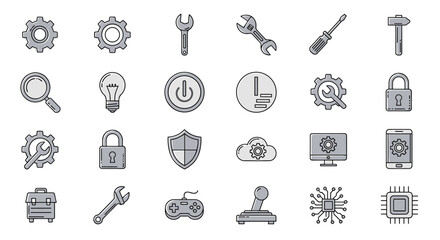 A comprehensive collection of line icons representing mechanisms, settings, and tools, perfect for web design, application interfaces, educational materials, and technical documentation. This vector