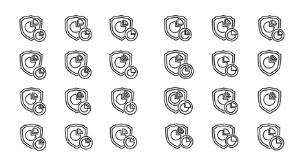 A collection of shield icons with pie charts and clocks, representing security, data analysis, and time management, perfect for graphic design, web development, app interfaces, and advertising