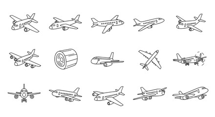 Collection of diverse airplane and aircraft outline illustrations, perfect for graphic design, web development, app interfaces, advertising campaigns, and various card designs, presented as clean