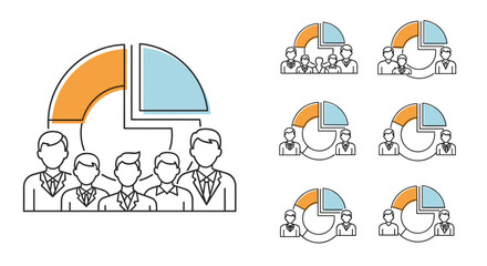 Minimalistic linear pictograms representing pie charts with groups of men, ideal for web and graphic design, apps, banners, social networks, and cards. This vector cartoon illustration uses a simple