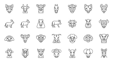 A diverse collection of linear animal icons, featuring heads and full bodies of various farm animals, wild creatures, and domestic pets, all presented on a clean white background for versatile