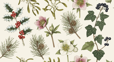 Seamless vintage botanical illustration Christmas pattern featuring a herbarium of winter flora including holly with red berries and snow-dusted leaves, mistletoe with white berries, hellebore