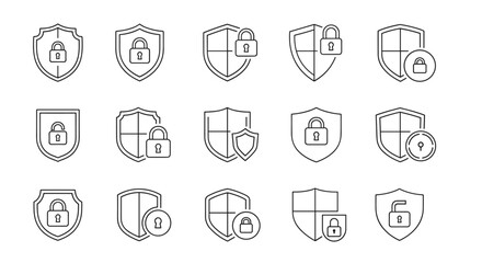 Collection of shield and lock outline line icons, symbolizing security, protection, and privacy for graphic design, web development, mobile applications, advertisements, and various card designs