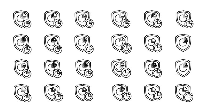 A collection of shield icons with pie charts and clocks, representing security, data analysis, and time management, perfect for graphic design, web development, app interfaces, and advertising