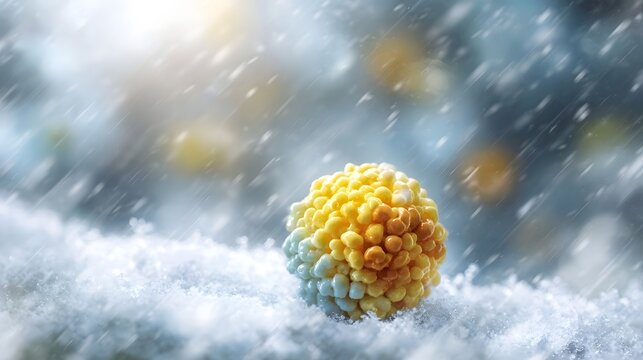 A colorful textured virus particle rests on a snowy surface during a winter snowfall