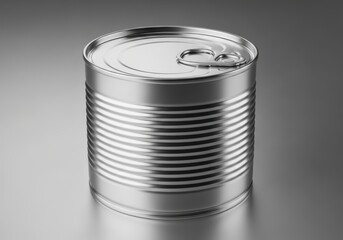 Close-up of a shiny metal food can with a pull tab and ridged texture