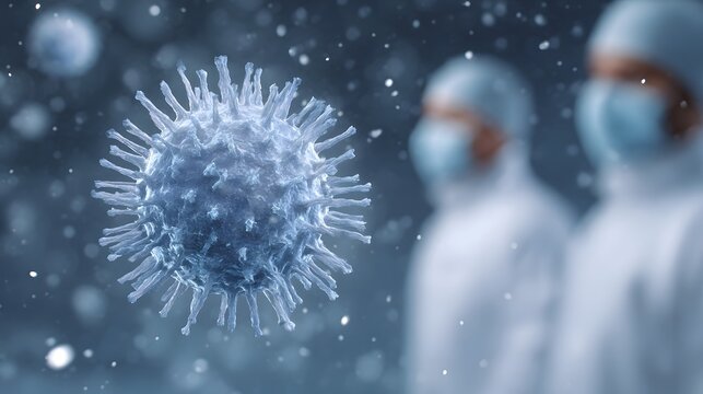 Microscopic virus particle with spiky protein structures observed by scientists in protective suits - Powered by Adobe