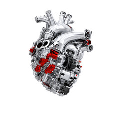 Chrome heart sculpture w/ red accents, techy feel