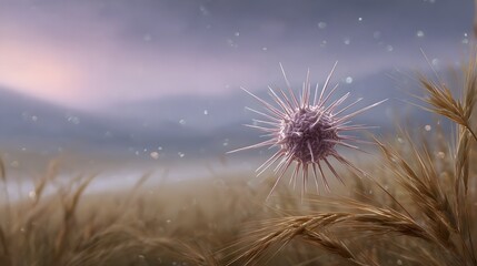 A microscopic pathogen with spiky protrusions floats in a misty field of wheat at dawn