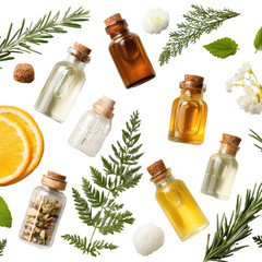 Oils, herbs, flowers, fruit arranged on dark flat lay