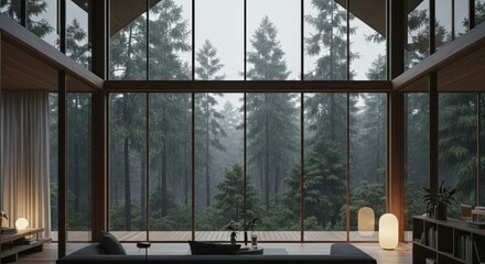 Serene modern home interior with stunning forest view on a rainy day, perfect for real estate marketing, architectural design, or cozy lifestyle visuals