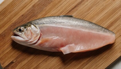 A fresh, uncooked fish lies on a wooden cutting board, featuring a close-up of its side