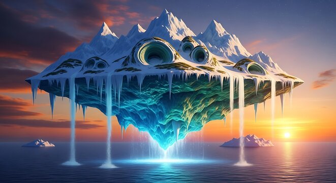 Floating island with snowcapped mountains and ice waterfalls at sunset over the ocean creating a surreal and magical landscape with a fantasy atmosphere