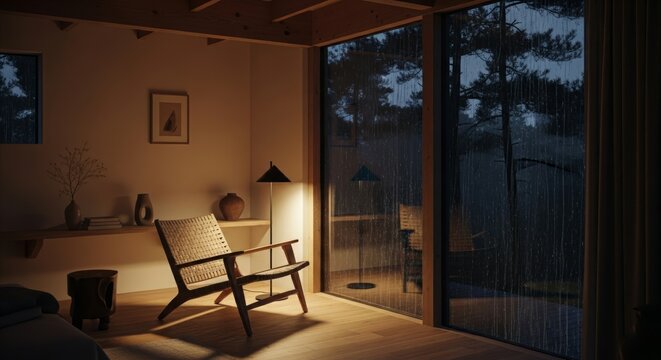 Experience cozy serenity indoors watching the gentle rain fall against the window of a modern cabin, ideal for relaxation and peaceful contemplation