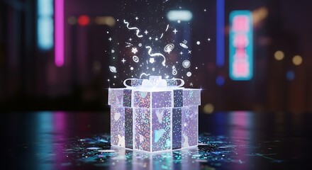 Magical gift box emitting sparkling cosmic elements in a vibrant city night scene creating a sense of wonder and celebration for special occasions