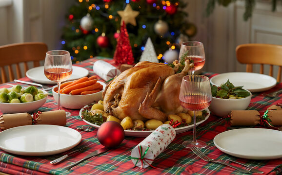 A festive christmas dinner table is set with a roasted turkey, vegetables, wine glasses, and christmas crackers, ready for a holiday celebration with family and friends christmas - Powered by Adobe