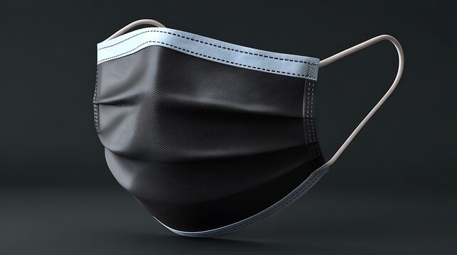 Isolated Black Surgical Mask with White Edging and Ear Loops on Dark Background