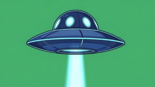 Extraterrestrial Contact: Cartoon UFO Space Ship Flying with a Beam on a Green Screen Backdrop.