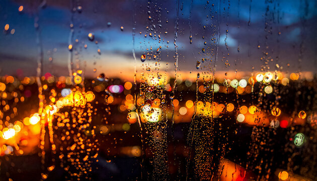 Traces of presence, raindrops on glass, a rainy evening view through window - emotion of presence, thought, and quiet waiting
