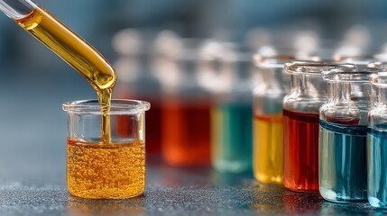 Laboratory beaker with liquid being poured surrounded by colorful oil-filled vials, light blue blurred background for lab equipment web banner.
