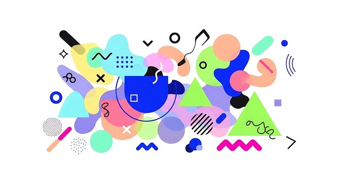 Playful abstract geometric composition with vibrant colors and dynamic shapes creating a modern and cheerful design on a clean white background for versatile use