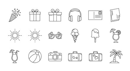A minimalist collection of outline web line icons representing a party popper, gift boxes, headphones, postcard, sunglasses, ice cream cone, popsicle, tropical cocktail, sun, beach ball, camera