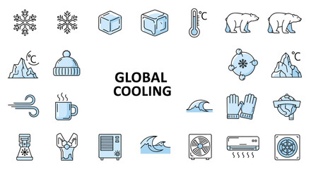 Collection of Global Cooling Related Line Icons, Outline Signs for Graphic and Web Design, Apps, Advertisements, Various Cards, Vector Cartoon Illustration with a White Background, Representing Cold