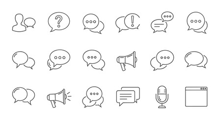 Collection of outline icons representing communication and dialogue, including speech bubbles with question marks, exclamation points, ellipses, and multiple messages, alongside megaphones