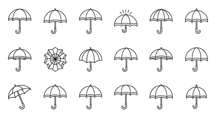 Collection of simple, linear outline icons representing various types of umbrellas, parasols, and sunshades, perfect for web, apps, books, and cards, emphasizing protection from sun and rain with