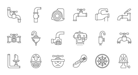 Collection of outline icons representing plumbing elements, including various taps, valves, pipes, and a sink, perfect for infographics, articles, books, flyers, and banners, presented as a clean