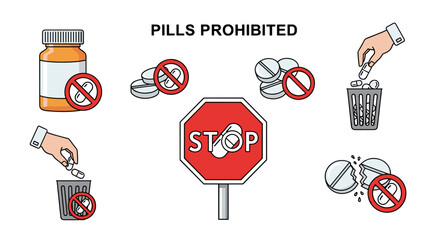 Collection of stylized line icons and symbols illustrating the prohibition of pills, including a stop sign with a pill, a pill bottle with a prohibition symbol, pills being thrown into a trash can