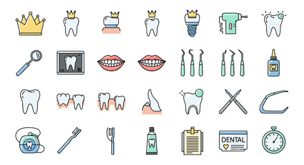 A vibrant collection of dental care icons, featuring crowns, implants, teeth, dental tools, X-rays, and oral hygiene products, perfect for graphic design, web development, and medical advertisements