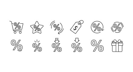 Collection of line icons representing percentage and sale symbols, including a shopping cart, star, price tag with dollar sign, gift box, and various percentage signs with arrows indicating discounts
