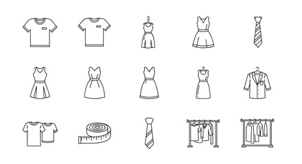 Set of sewing and garment related line icons, editable stroke for design, web sites, apps, cards. Contains linear images of t-shirt, dress, tie, measuring tape, and jacket, perfect for fashion and