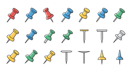 Collection of colorful and diverse push pins and thumbtacks, perfect for school, office, and UI design. Includes various shapes and colors like red, blue, yellow, green, and silver, suitable for web