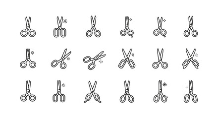 A collection of minimalistic linear icons representing various types of scissors, perfect for web design, graphic design, app interfaces, banners, social media, and greeting cards. This vector