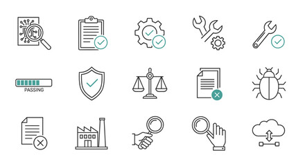 Quality control set of web icons in line style, featuring quality check, computing icons, progress bar, shield, scales of justice, document with checkmark and cross, wrench, gear, bug, factory