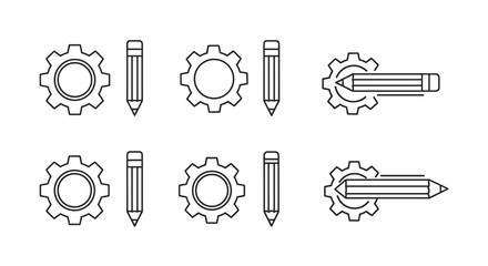 Minimalistic linear icon set featuring gears and pencils, symbolizing creativity, engineering, and design processes. This versatile vector graphic collection includes isolated elements and combined