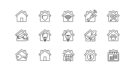 Collection of simple line icons representing various aspects of home and living, including security, comfort, sustainability, and financial management, presented on a clean white background for
