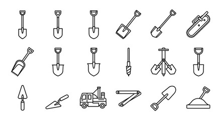 Collection of outline icons representing various shovels, trowels, a chainsaw, a drill bit, a construction vehicle, and a sand pile, perfect for graphic design, web development, app interfaces, and
