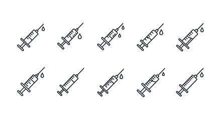 A seamless pattern of minimalistic linear pictograms of syringes, each with a drop of liquid falling from the needle, designed for web and graphic design, apps, banners, social networks, and cards