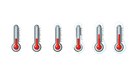 Collection of six thermometers showing different temperature levels, some with snow outlines, presented as a vector cartoon illustration on a white background, ideal for graphic and web design, apps