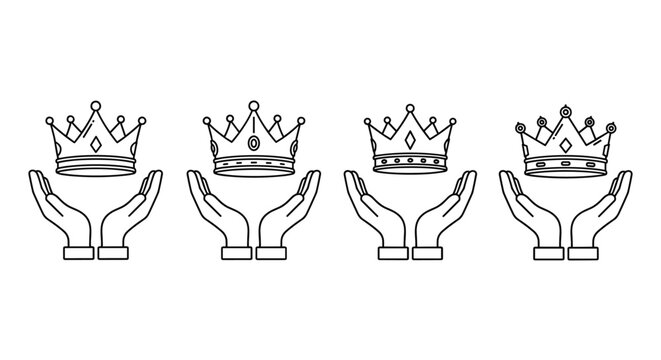Set of four simple line art icons depicting crowns held aloft by open hands, symbolizing royalty, success, leadership, and achievement. Clean vector illustration on a white background, perfect for