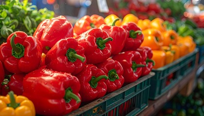 Close-up of vibrant red bell peppers arranged in a display, with orange and green peppers in the background, showing freshness